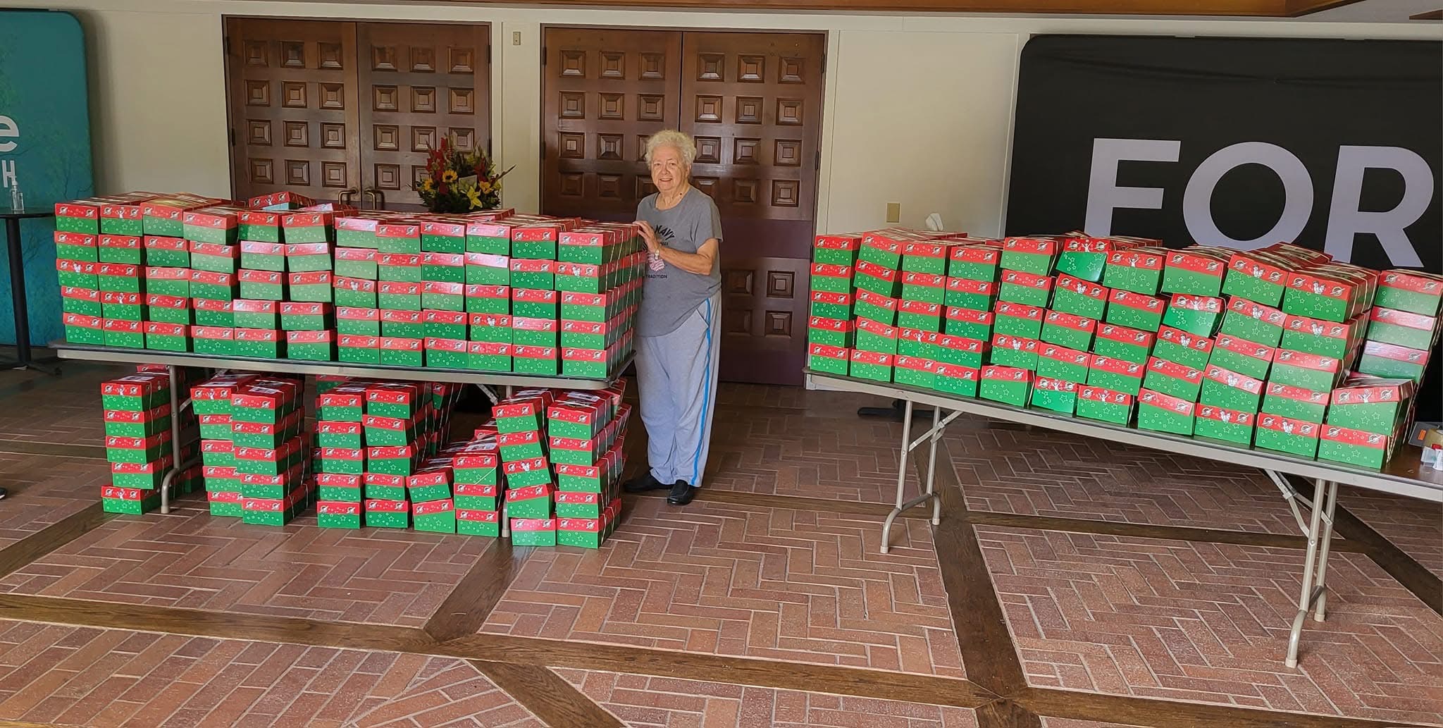 Shoeboxes packed for a past missions outreach project