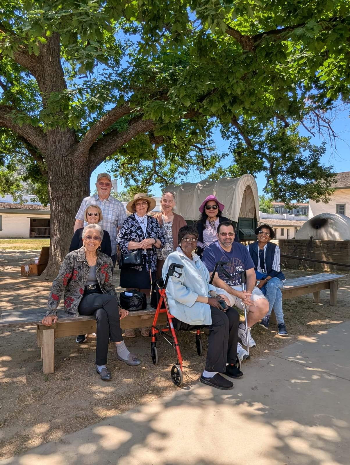 Seniors group outing together at a historic fort